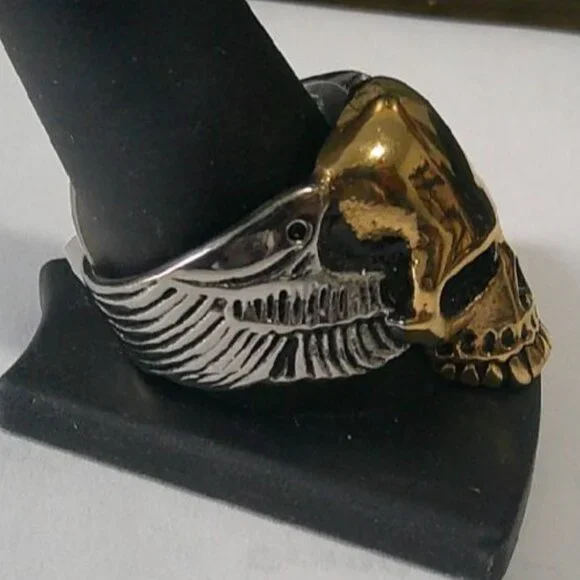 Skull Gold IP Two Tone Biker Ring Stainless Steel Sizes 11-12-13-14 New - Picture 3 of 4